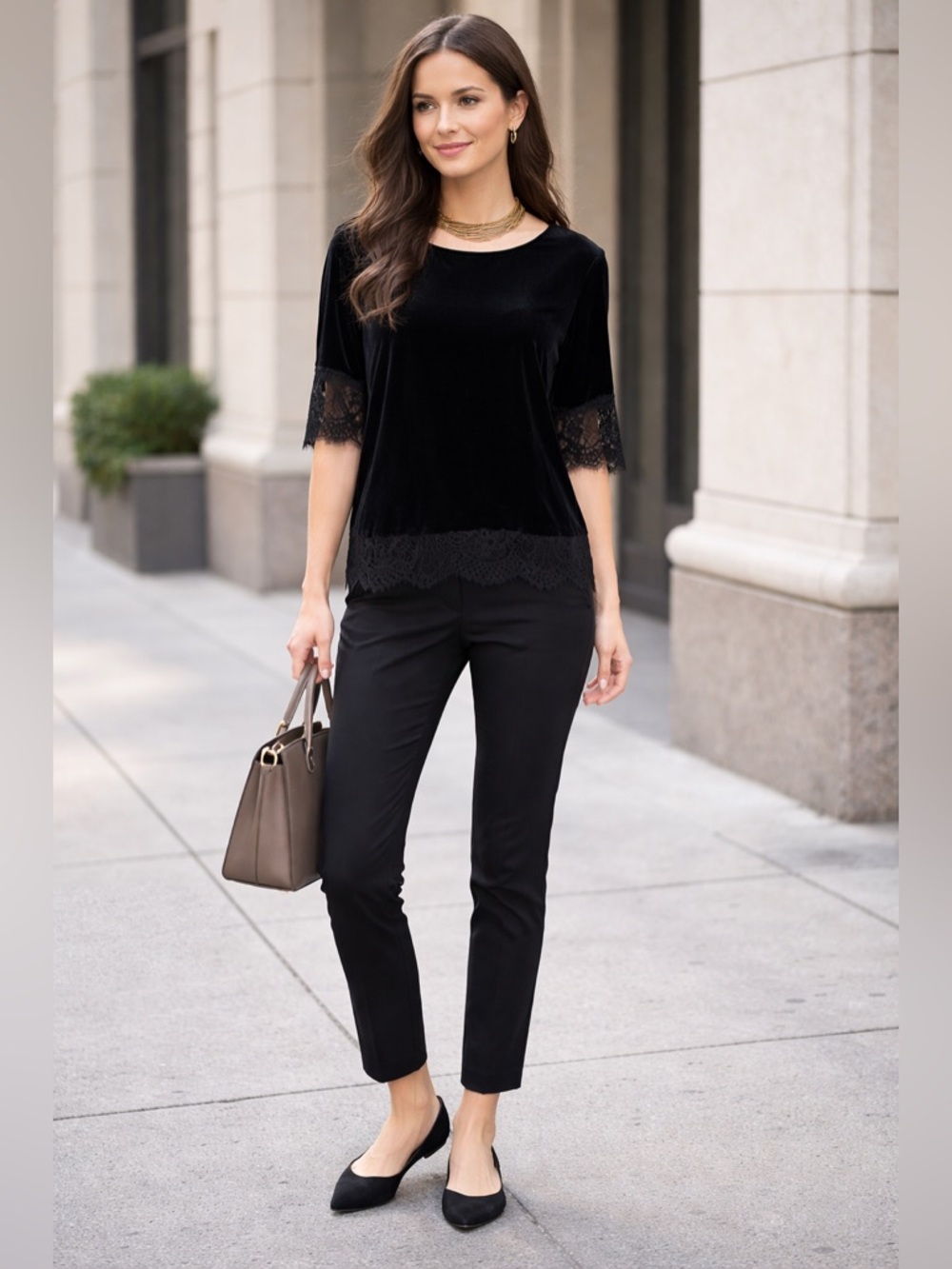 THE LIMITED Women's Black Stretch Velvet Lace Trim 3/4 Sleeve Top L